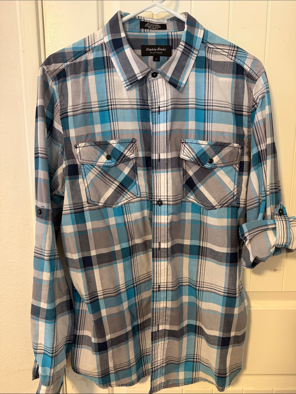 Eighty Eight Men's Plaid Button-Down Shirt in Blue and Gray